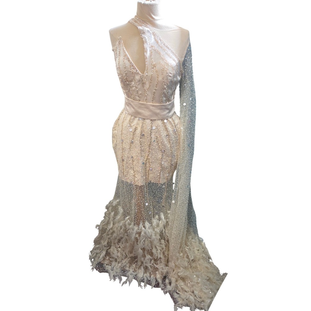 Beige One Shoulder Mermaid Gown Sequin Pearl Feather Formal Dress Cape Sleeveade